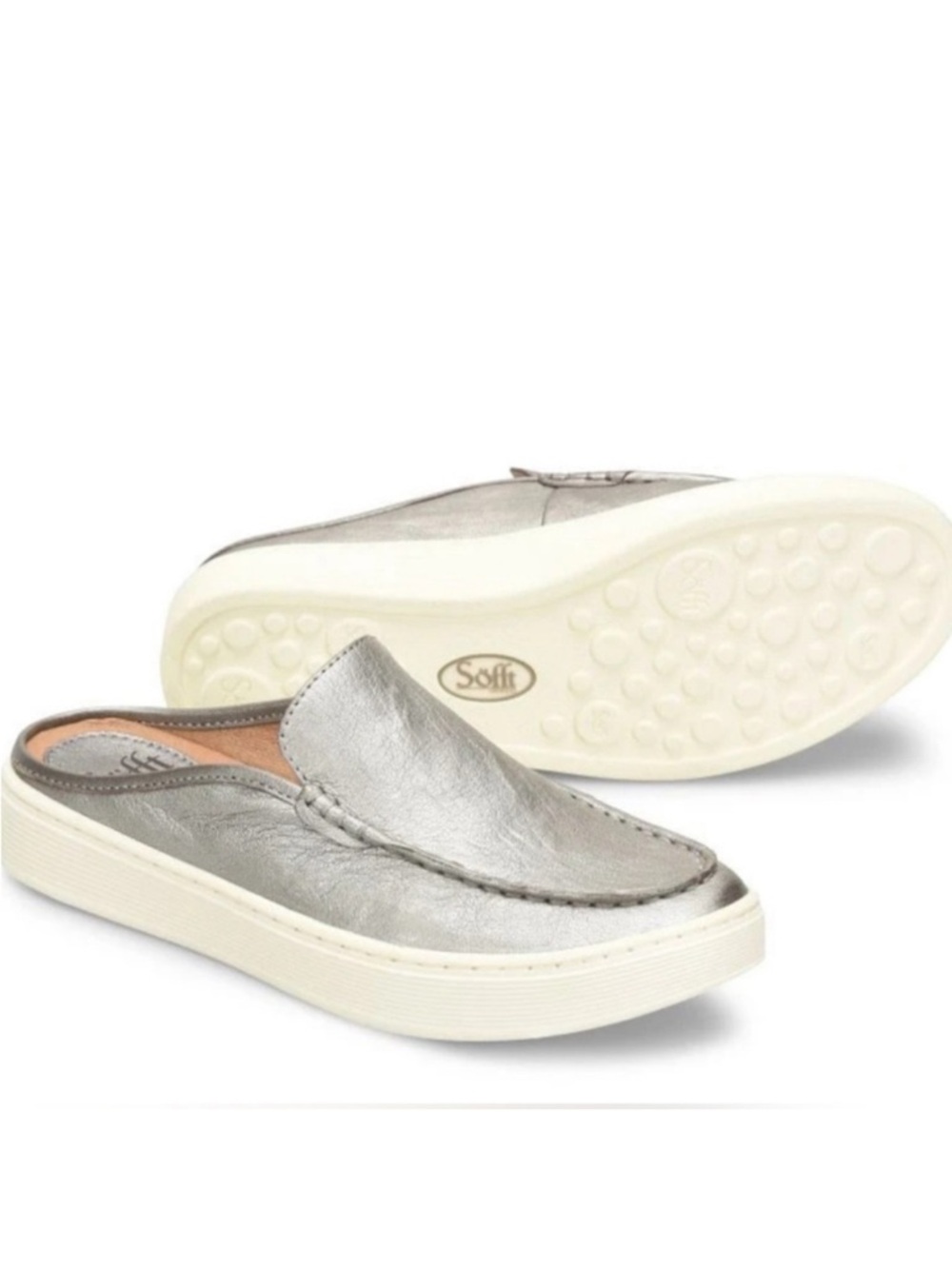 Sofft Somers Moc Pewter Silver Metallic Leather Sneaker Mules Size 7.5 Slip-On